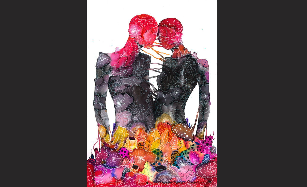 'Ci Scambieremo Un Unico Bagliore' a painting by Mirko Rossi. Two abstract beings connected at their heads, made up of and surrounded by colorful flora.