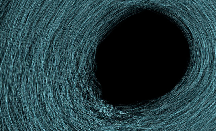 A solar system of teal hair-like strings, being pulled into the void of a black hole.
